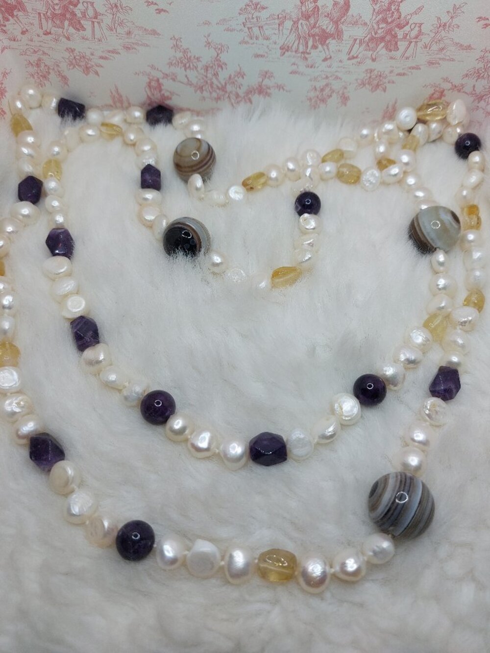 Freshwater Pearls with Amethyst Gemstones and Banded Agate Beads Long Necklace